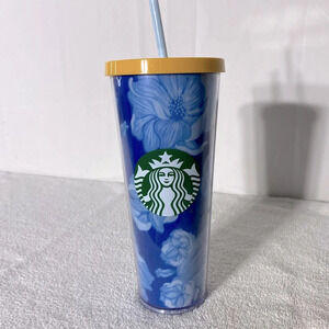 Starbucks Blue White Cactus Floral Acrylic Tumbler W Lid & Straw